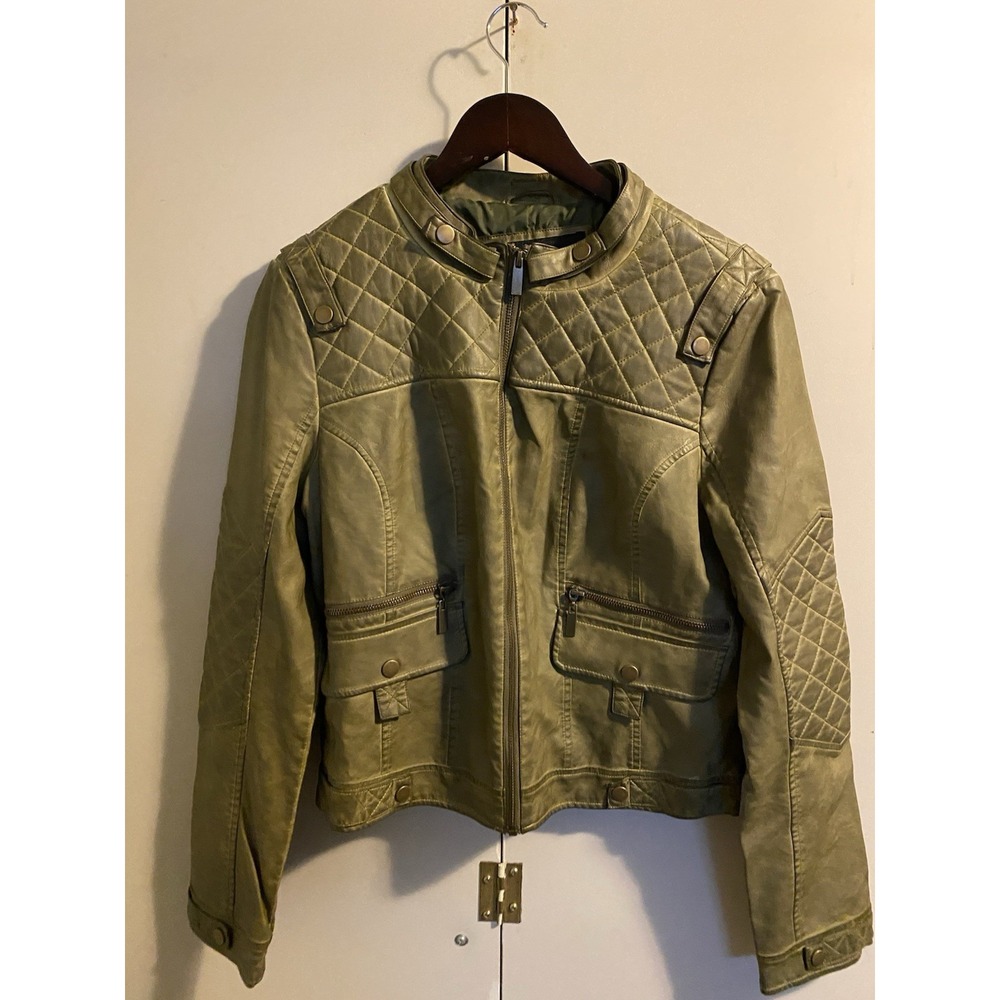 Blanc Noir Faux Vegan Leather Moto Biker Jacket Quilted Olive Green Women Sz L